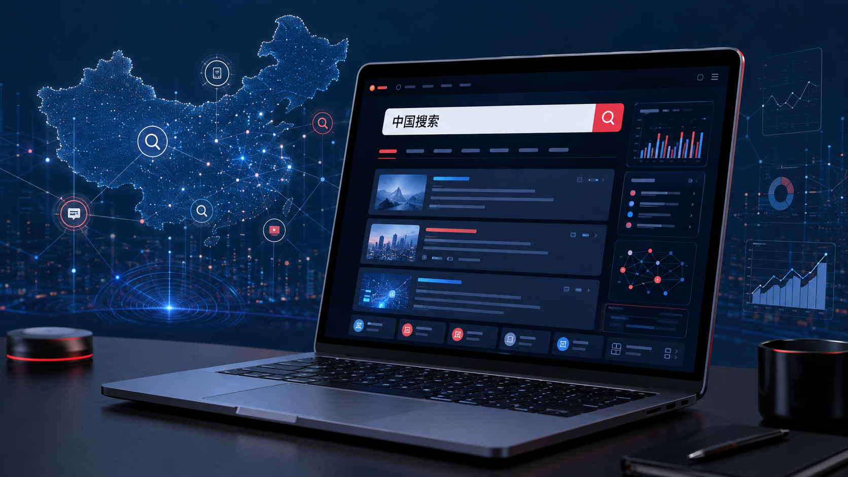 China search engine ecosystem displayed on a laptop with digital search data and network connections