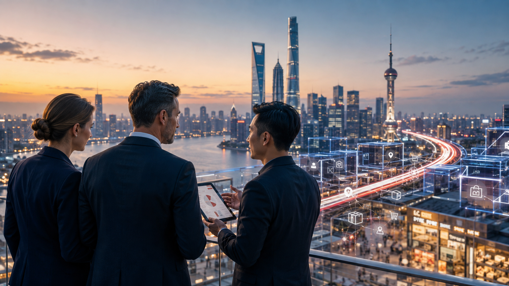 International business leaders planning a China market entry with a local specialist overlooking Shanghai’s digital commerce ecosystem.