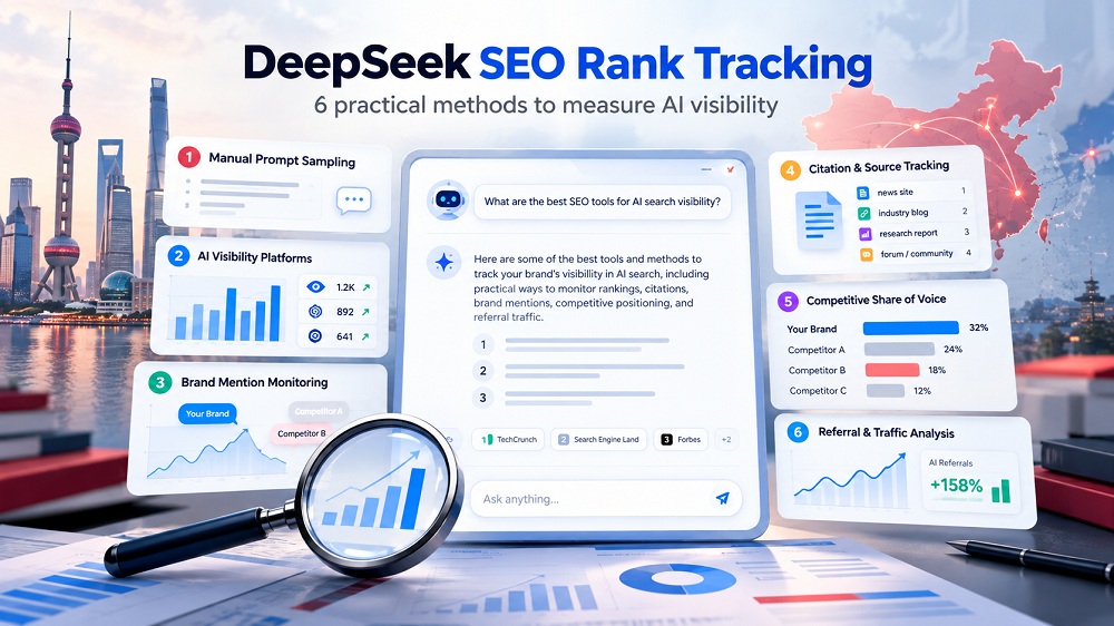 DeepSeek SEO rank tracking methods for measuring AI visibility, brand mentions, citations, share of voice, and referral traffic in China