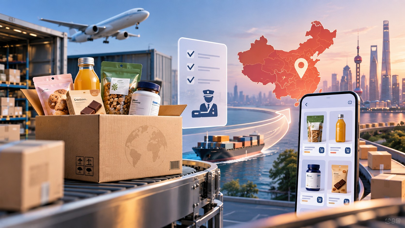 Cross-border e-commerce food import to China with customs, logistics and online retail
