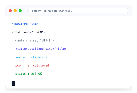 Localized website code, China CDN and ICP-ready deployment
