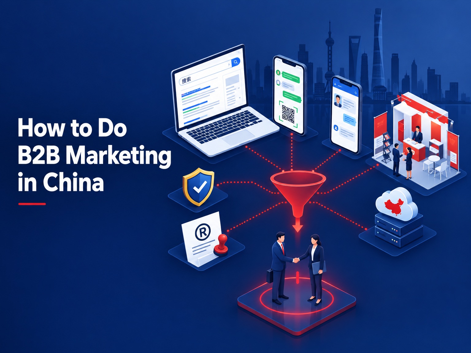 Isometric illustration of B2B marketing in China: search, WeChat-style chat, WeCom, trade expo, and trademark icons linked in a lead funnel.